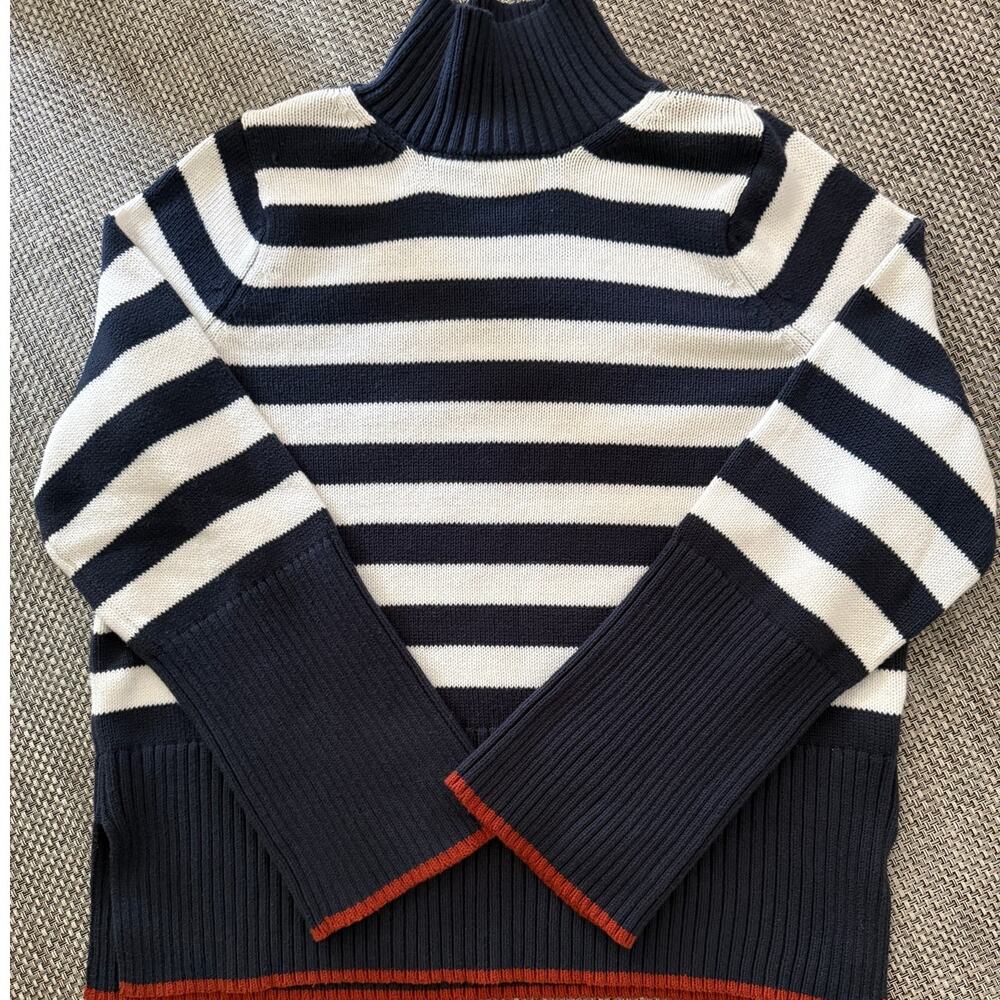 FREE ASSEMBLY 100% Cotton Navy Cream Striped Ribbed Turtleneck Sweater S Coastal - Picture 2 of 6